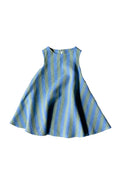 Blue and green striped dress made using trapezette girls dress sewing pattern on a white background