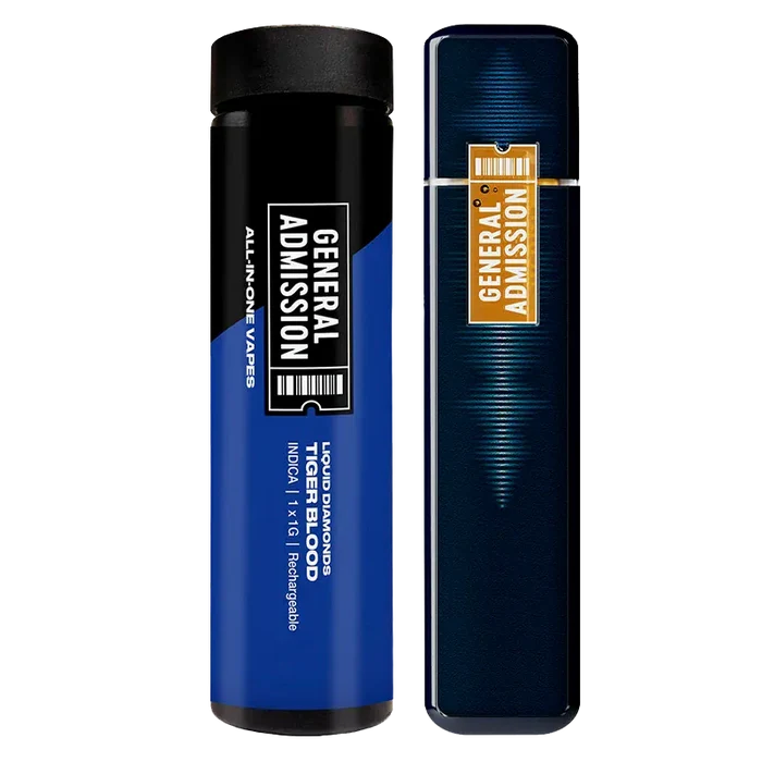 Top-down view of a blue and black tube and matching rectangular device labeled "Tiger Blood Liquid Diamond Disposable Vape" with bold "General Admission" branding.