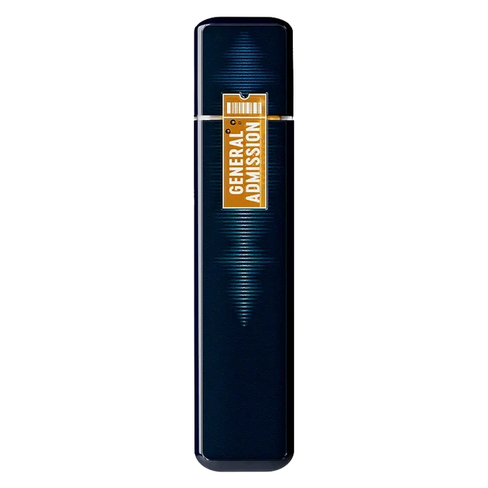Vertical front view of a dark blue Tiger Blood Liquid Diamond Disposable Vape with a gold "GENERAL ADMISSION" ticket label near the top.