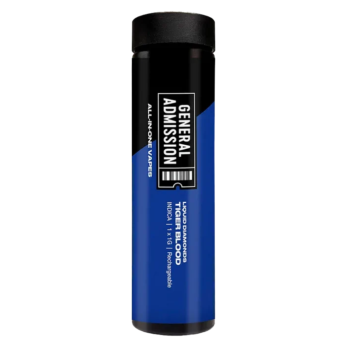 Center-aligned studio shot of a blue-and-black tube labeled "General Admission" showing the Tiger Blood Liquid Diamond Disposable Vape upright against a white background