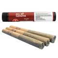 Angled close-up of three hand‑rolled joints in front of a red tube labeled Tropic Thunder PR 3 x 0.5 g by All Nations.