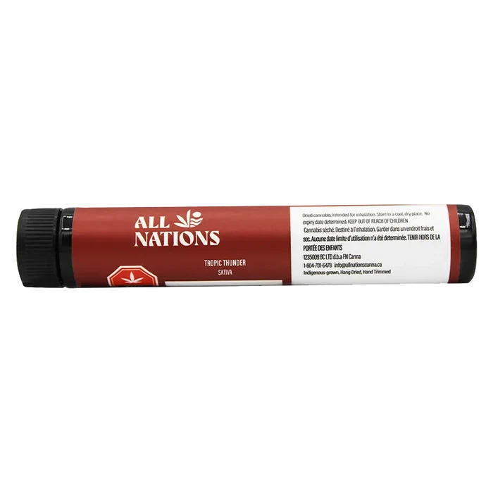 Horizontal studio shot of the Tropic Thunder PR 3 x 0.5 g All Nations tube with a red label and black cap against a white background