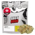 Front view of a silver foil pouch and a single bud, labeled Bag O' Buds Tropicanna Tangie, with a red THC octagon at the top left.