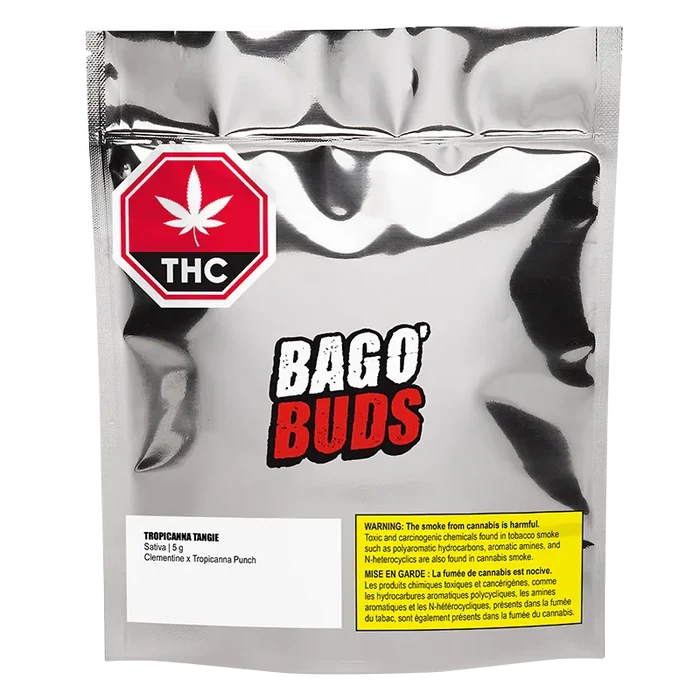 Front-facing shot of a metallic bag labeled with BAGO' BUDS and the Tropicanna Tangie product name, plus THC and warning stickers.