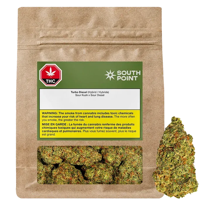 Front-facing kraft pouch labeled South Point Turbo Diesel with a green header, warning panel, window showing dense green buds and a single bud positioned to the right.