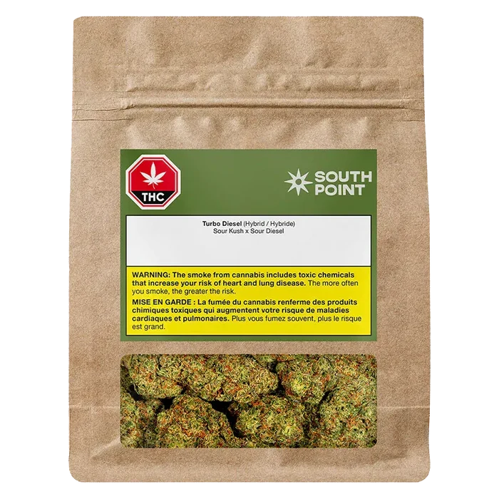 Front view of a brown resealable pouch showing the South Point Turbo Diesel label, warning strip and a clear window revealing green cannabis buds.