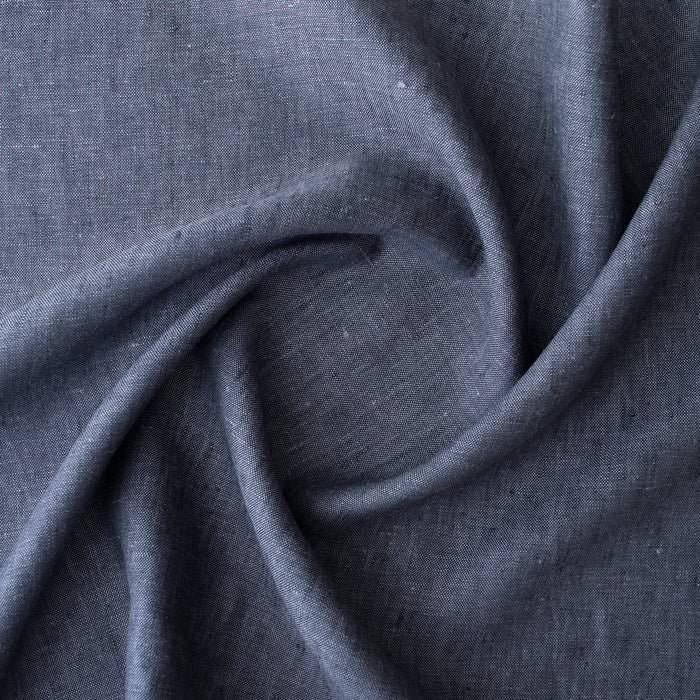 Twilight Navy deep blue-charcoal 100% linen fabric, 225 GSM, 25 LEA with visible yarn texture.