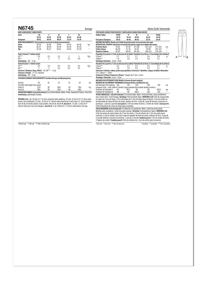 New Look Sewing Pattern N6745 featuring unisex cargo pants with bellows pockets, drawstring waistband, and utility-inspired design