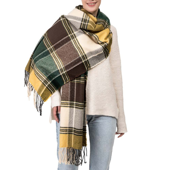 Unisex Oversized Orange, Green and Purple Plaid Scarf with Tassels