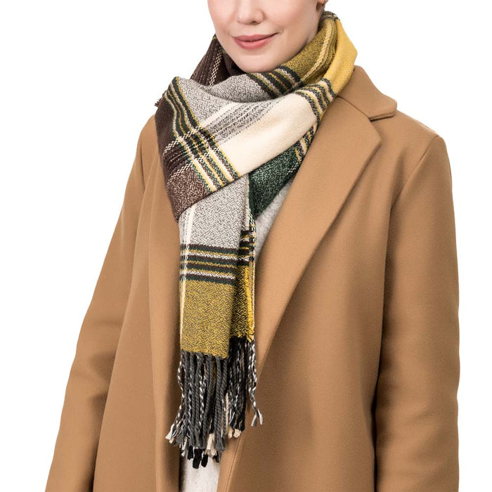 Unisex Oversized Orange, Green and Purple Plaid Scarf with Tassels