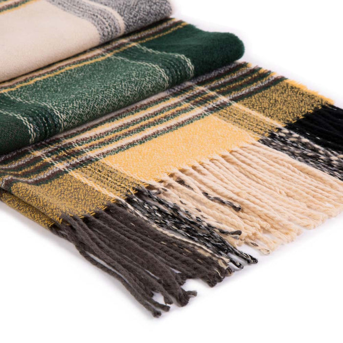 Unisex Oversized Orange, Green and Purple Plaid Scarf with Tassels