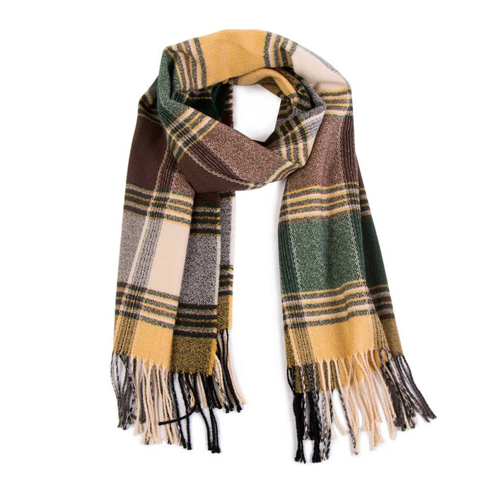 Unisex Oversized Orange, Green and Purple Plaid Scarf with Tassels