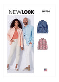 New Look Sewing Pattern N6724 showcasing a relaxed-fit unisex button-front shirt with oversized pockets and cuffed long sleeves.