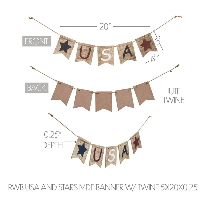 USA & Stars Wooden Banner - 5x20" - Primitive Star Quilt Shop