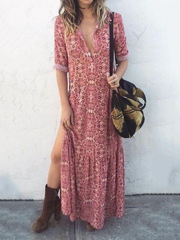 V-Neck Sexy Floral Mid-Sleeve Long Dress