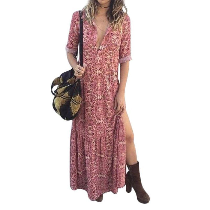 V-Neck Sexy Floral Mid-Sleeve Long Dress