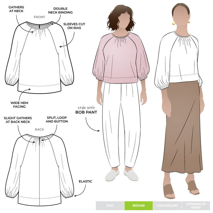 Style Arc’s Verona Woven Top pattern with raglan sleeves and gathered neck detail.
