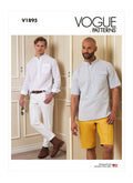 Vogue sewing pattern V1895 for men’s shirts, shorts, and pants featuring semi-fitted shirts with plackets and tapered jeans with pockets and belt carriers.