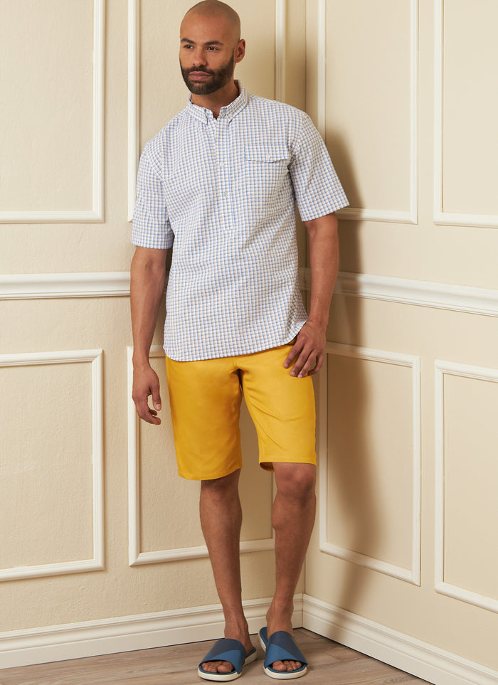 Vogue sewing pattern V1895 for men’s shirts, shorts, and pants featuring semi-fitted shirts with plackets and tapered jeans with pockets and belt carriers.