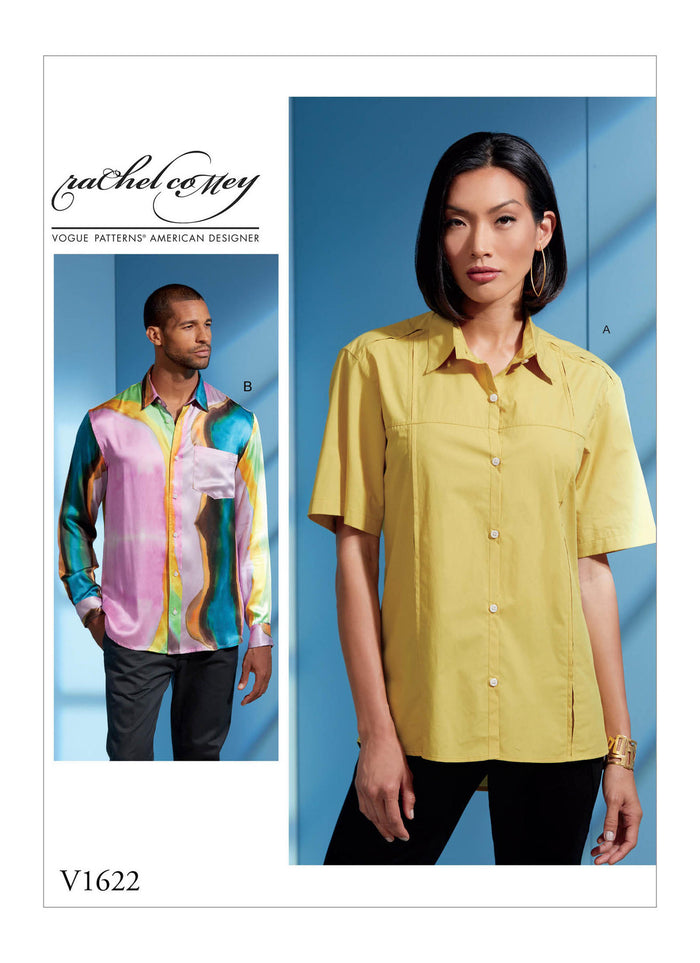 Vogue sewing pattern V1622 for unisex fitted button-front shirts with short or long sleeves, back yoke, and modern details.