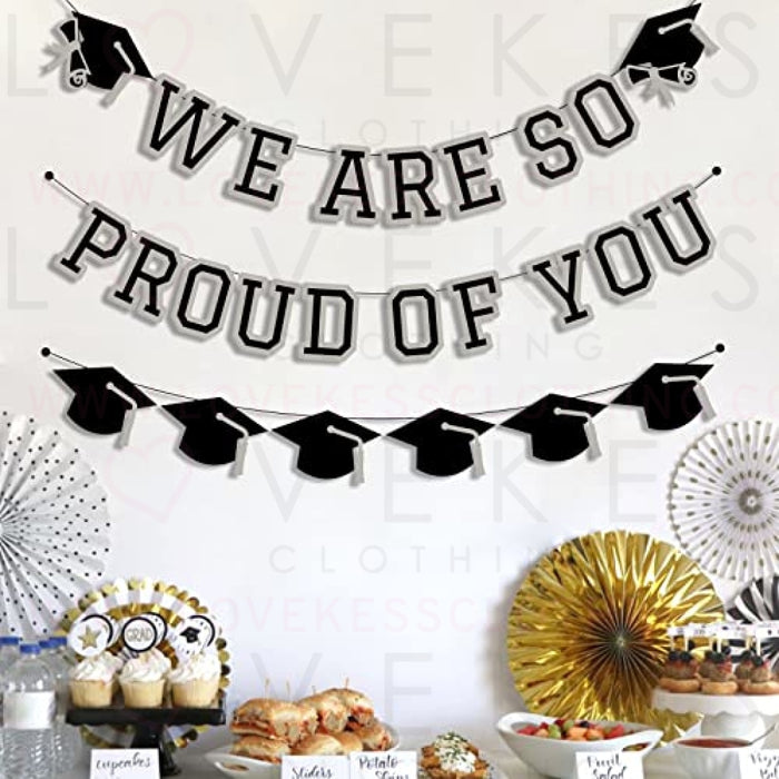 We Are So Proud Of You Banner Graduation Party Decorations Congrats Grad Cap Garlands Wall Sign Silver Grey