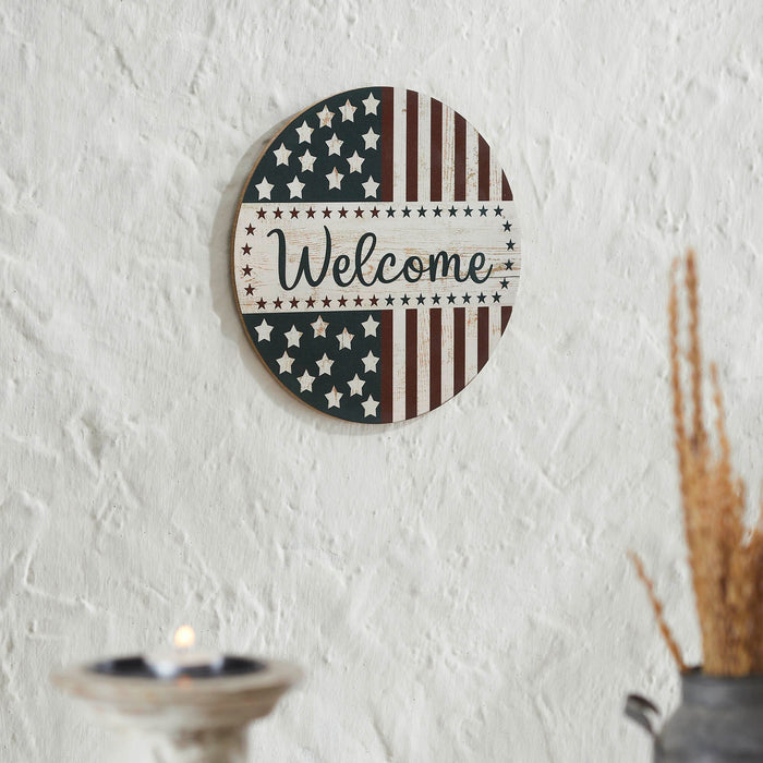 "Welcome" Stars & Stripes Round Wall Decor - 11" - Primitive Star Quilt Shop