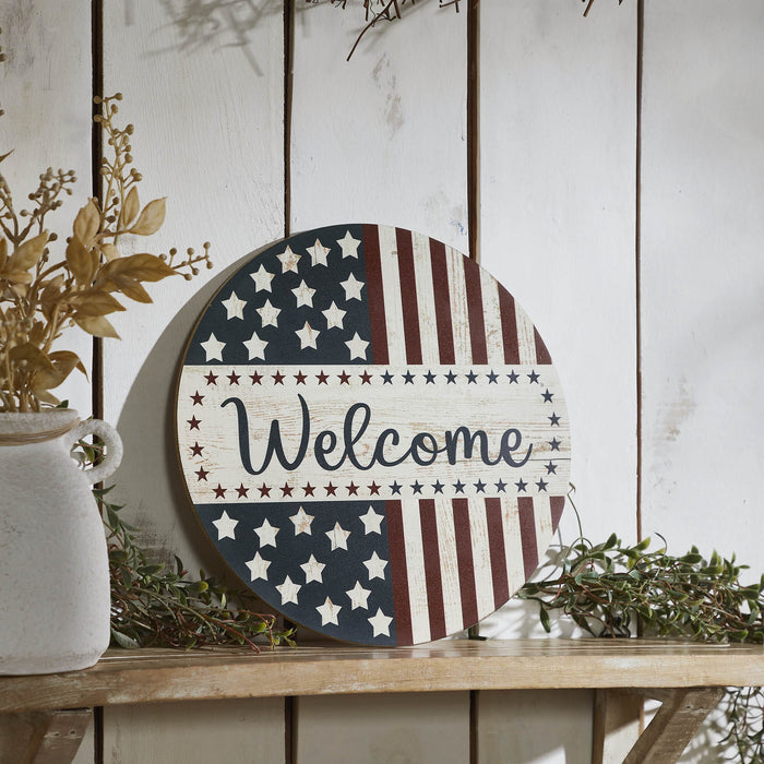 "Welcome" Stars & Stripes Round Wall Decor - 11" - Primitive Star Quilt Shop