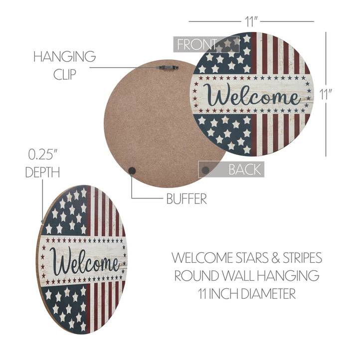 "Welcome" Stars & Stripes Round Wall Decor - 11" - Primitive Star Quilt Shop