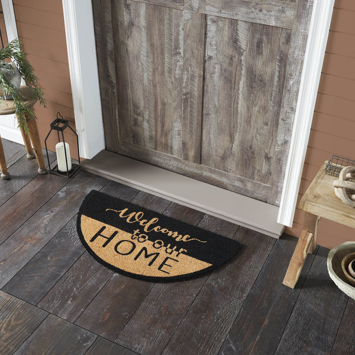 "Welcome to Our Home" Black and Tan Coir Half Circle Rug 16.5x33" - Primitive Star Quilt Shop