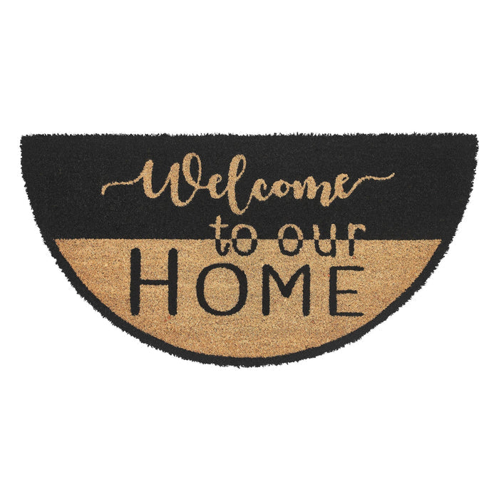 "Welcome to Our Home" Black and Tan Coir Half Circle Rug 16.5x33" - Primitive Star Quilt Shop