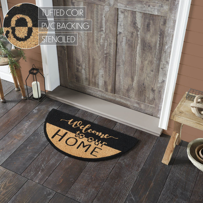 "Welcome to Our Home" Black and Tan Coir Half Circle Rug 16.5x33" - Primitive Star Quilt Shop