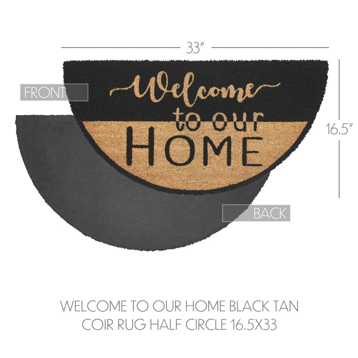 "Welcome to Our Home" Black and Tan Coir Half Circle Rug 16.5x33" - Primitive Star Quilt Shop