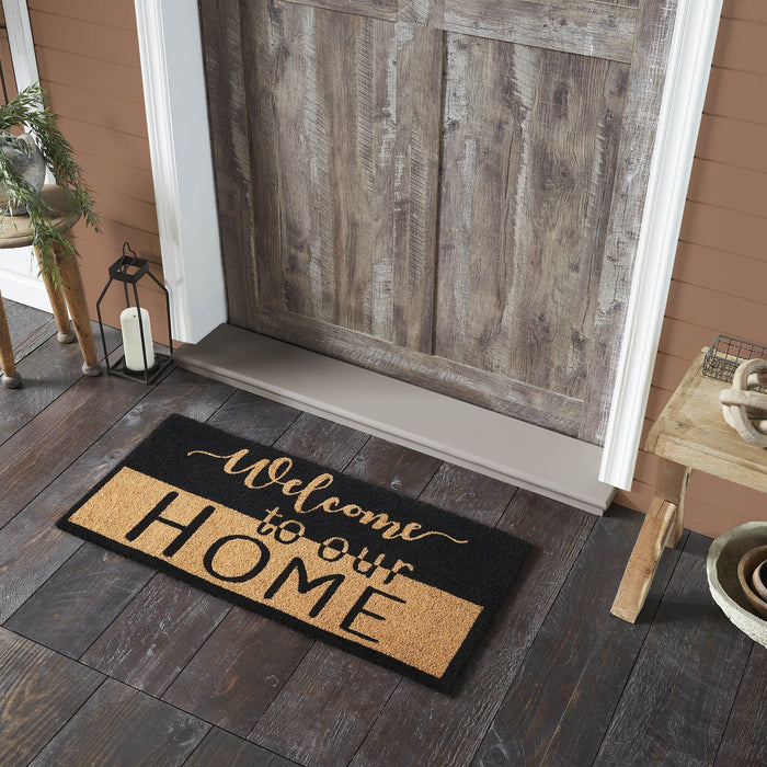 "Welcome to Our Home" Black and Tan Coir Rectangle Rug 17x36" - Primitive Star Quilt Shop