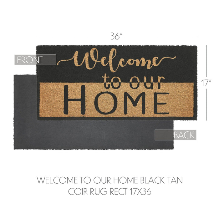 "Welcome to Our Home" Black and Tan Coir Rectangle Rug 17x36" - Primitive Star Quilt Shop