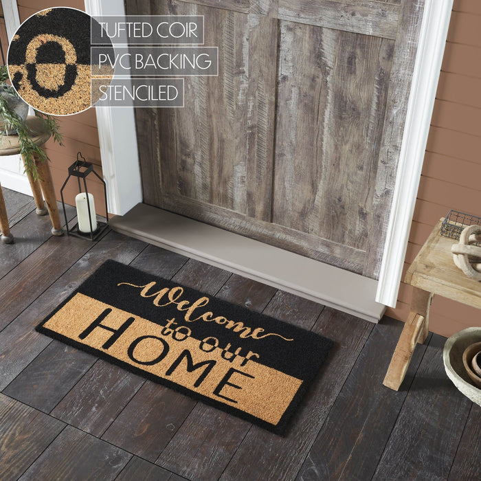 "Welcome to Our Home" Black and Tan Coir Rectangle Rug 17x36" - Primitive Star Quilt Shop