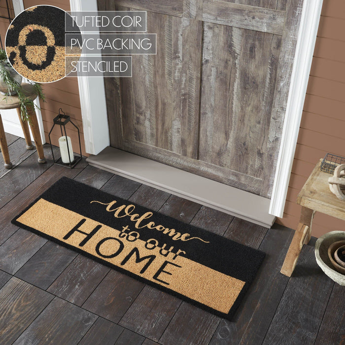 "Welcome to Our Home" Black and Tan Coir Rectangle Rug 17x48" - Primitive Star Quilt Shop