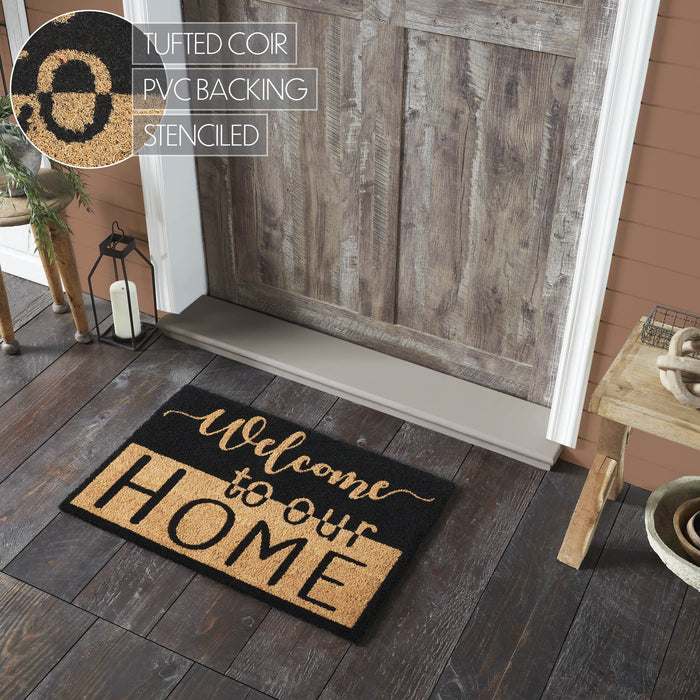 "Welcome to Our Home" Black and Tan Coir Rectangle Rug 20x30" - Primitive Star Quilt Shop