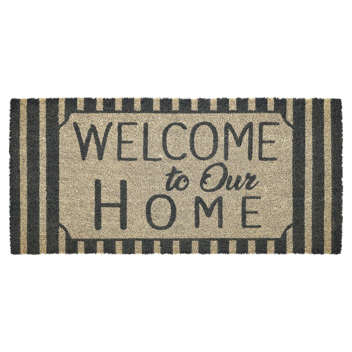 "Welcome to Our Home" Charcoal Striped Coir Rectangle Rug 17x36" - Primitive Star Quilt Shop