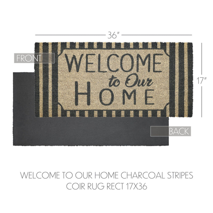 "Welcome to Our Home" Charcoal Striped Coir Rectangle Rug 17x36" - Primitive Star Quilt Shop