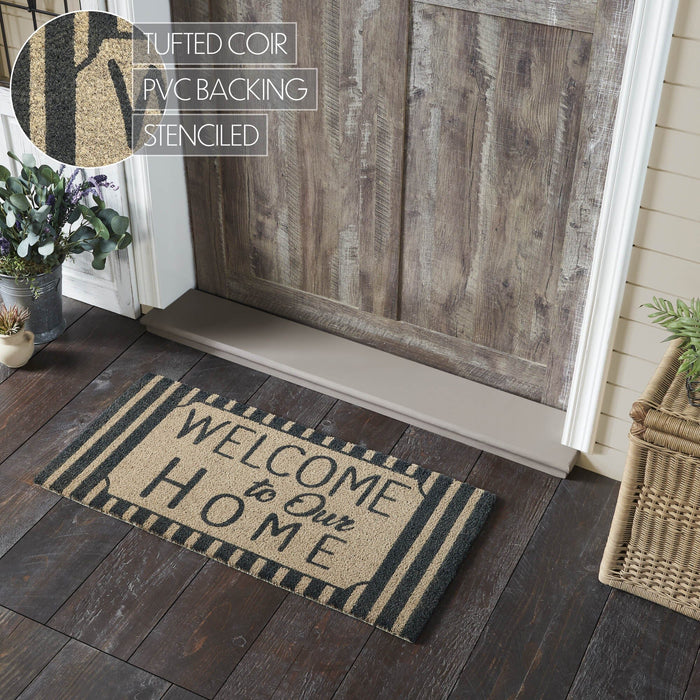 "Welcome to Our Home" Charcoal Striped Coir Rectangle Rug 17x36" - Primitive Star Quilt Shop