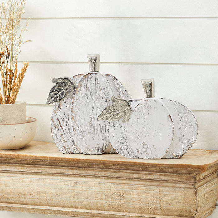White Washed Rustic Wooden Pumpkin - Set of 2 - Primitive Star Quilt Shop