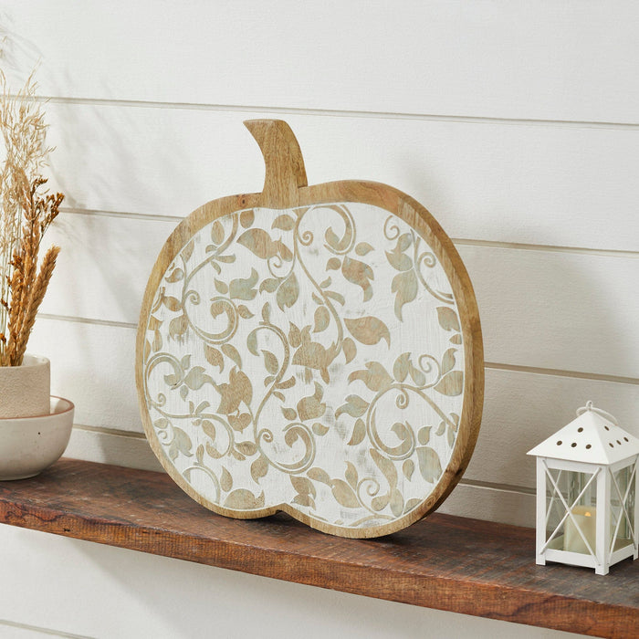 White Washed Wooden Carved Vine Pumpkin - 14x14" - Primitive Star Quilt Shop