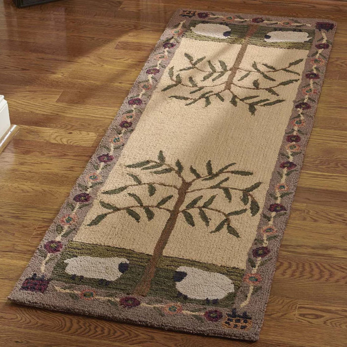 Willow & Sheep Hooked Rug 24x72" - Primitive Star Quilt Shop