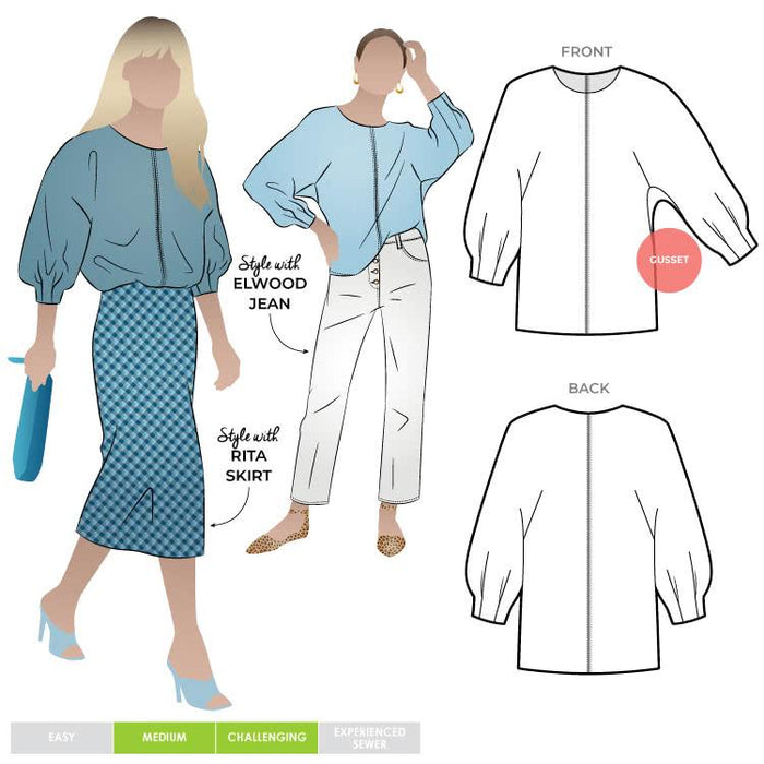 Style Arc’s Wilma Woven Top pattern showcasing a square shape with gusseted dolman sleeves.