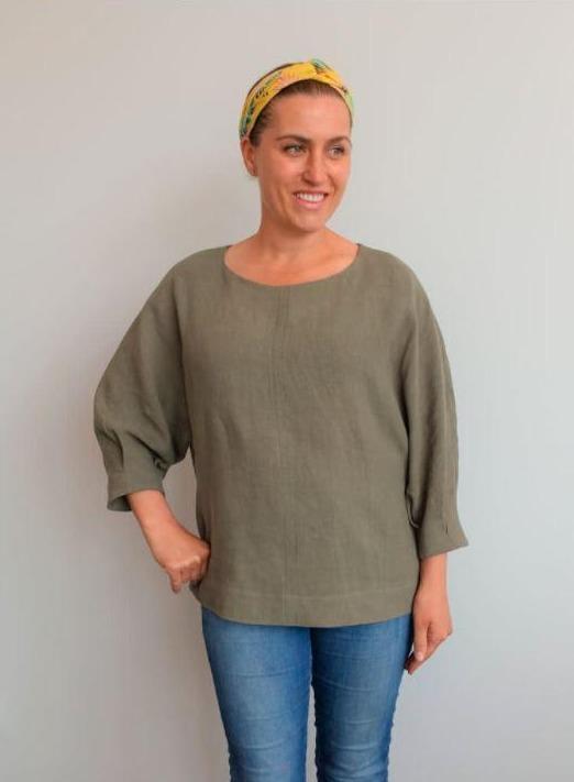 Style Arc’s Wilma Woven Top pattern showcasing a square shape with gusseted dolman sleeves.