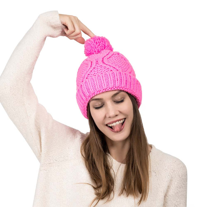 Women Bright Fuchsia Fold-Over Beanie with Pom Pom One Size