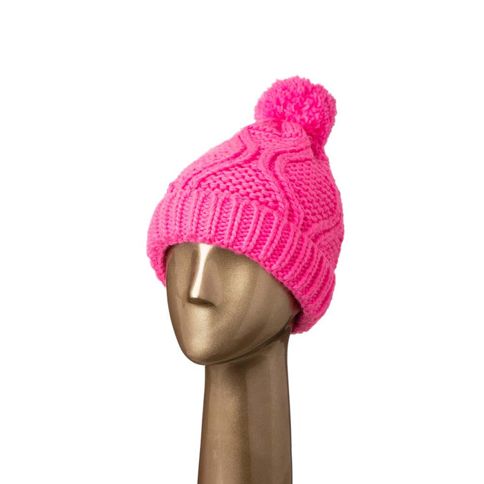 Women Bright Fuchsia Fold-Over Beanie with Pom Pom One Size