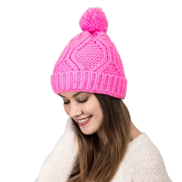Women Bright Fuchsia Fold-Over Beanie with Pom Pom One Size