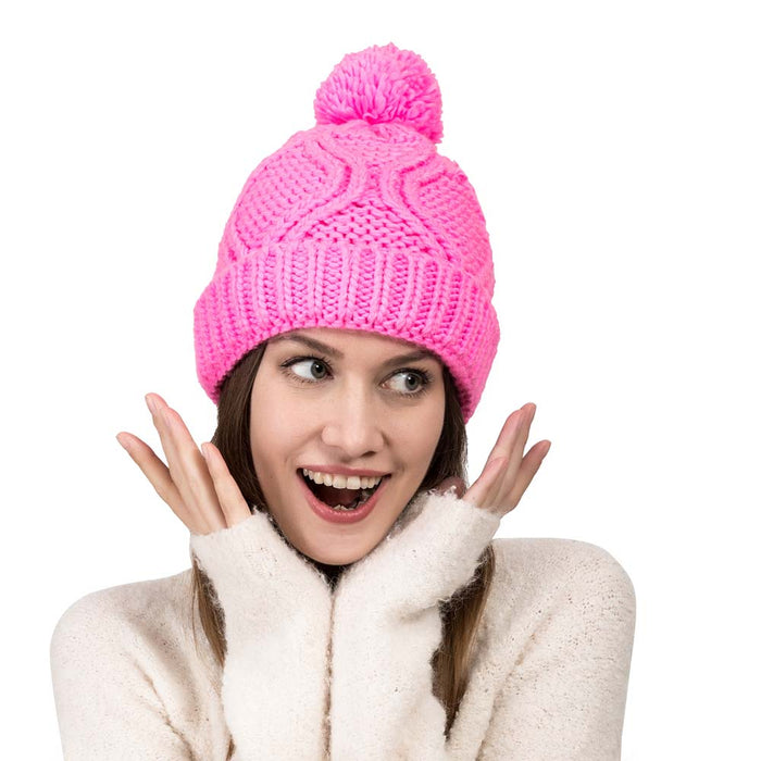 Women Bright Fuchsia Fold-Over Beanie with Pom Pom One Size
