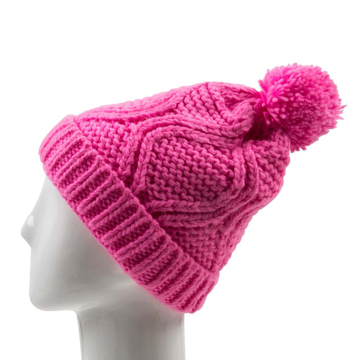 Women Bright Fuchsia Fold-Over Beanie with Pom Pom One Size